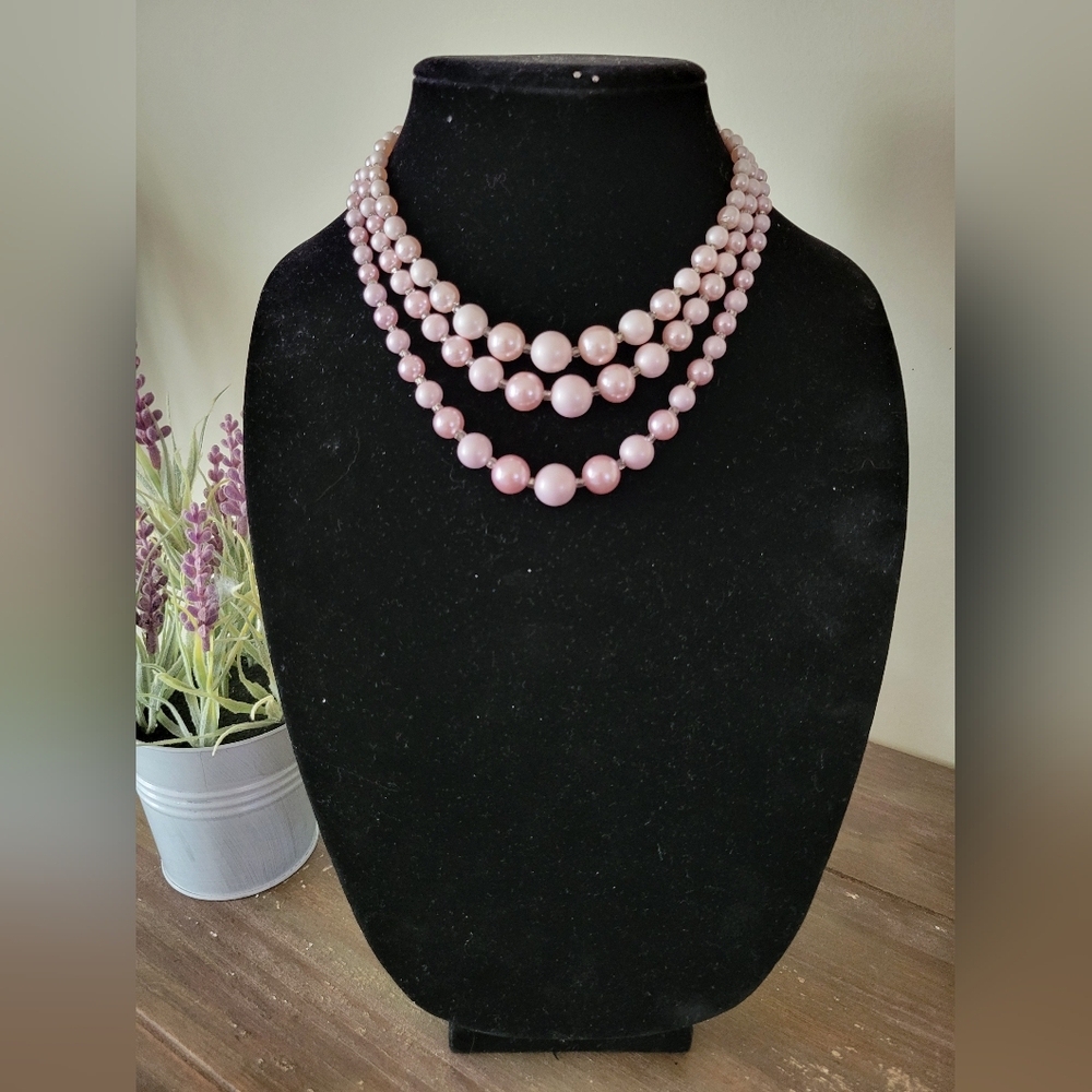 Vintage Triple Strand Pale Pink Beaded Necklace